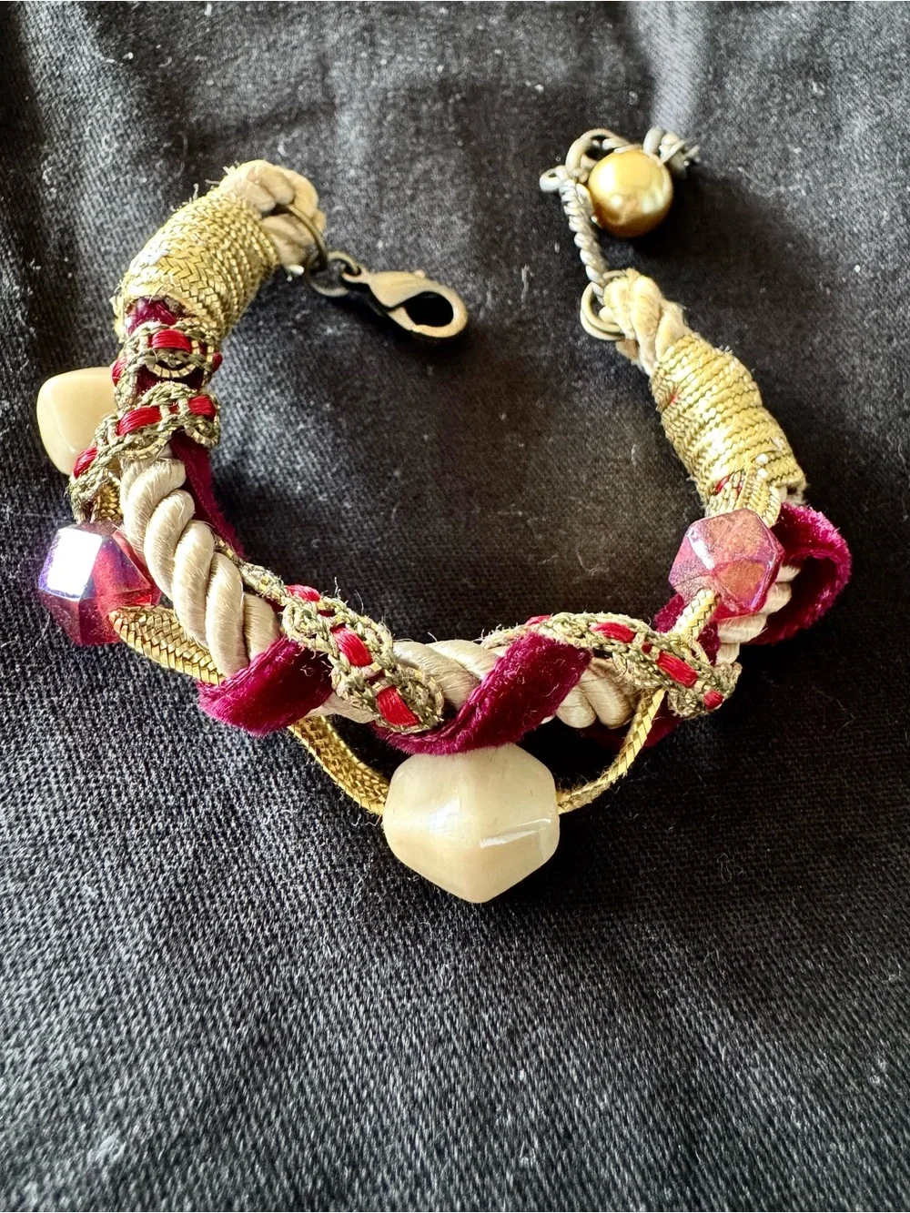 Gold and Burgundy Braided Bead Bracelet Handmade